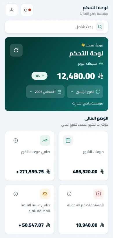 لوحة التحكم في تطبيق واضح على الجوال — بيانات توضيحية