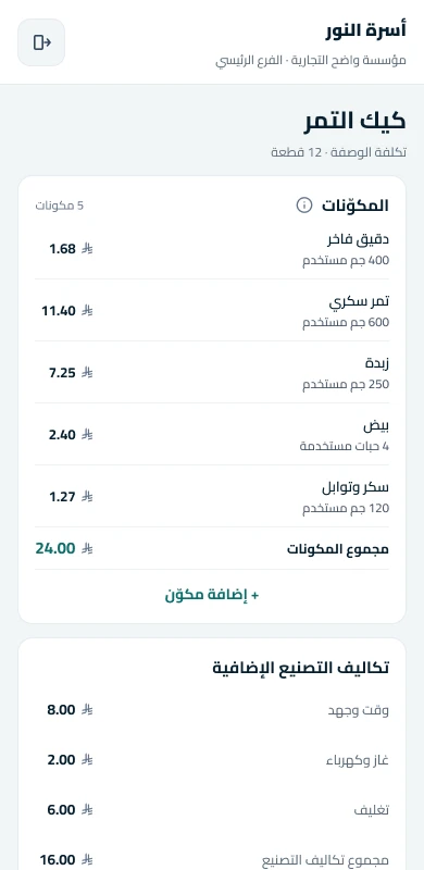 تكلفة وصفة الأسرة في واضح: المكوّنات وتكاليفها — بيانات توضيحية